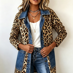 Leopard Print Denim Panel Contrast Longline Jacket