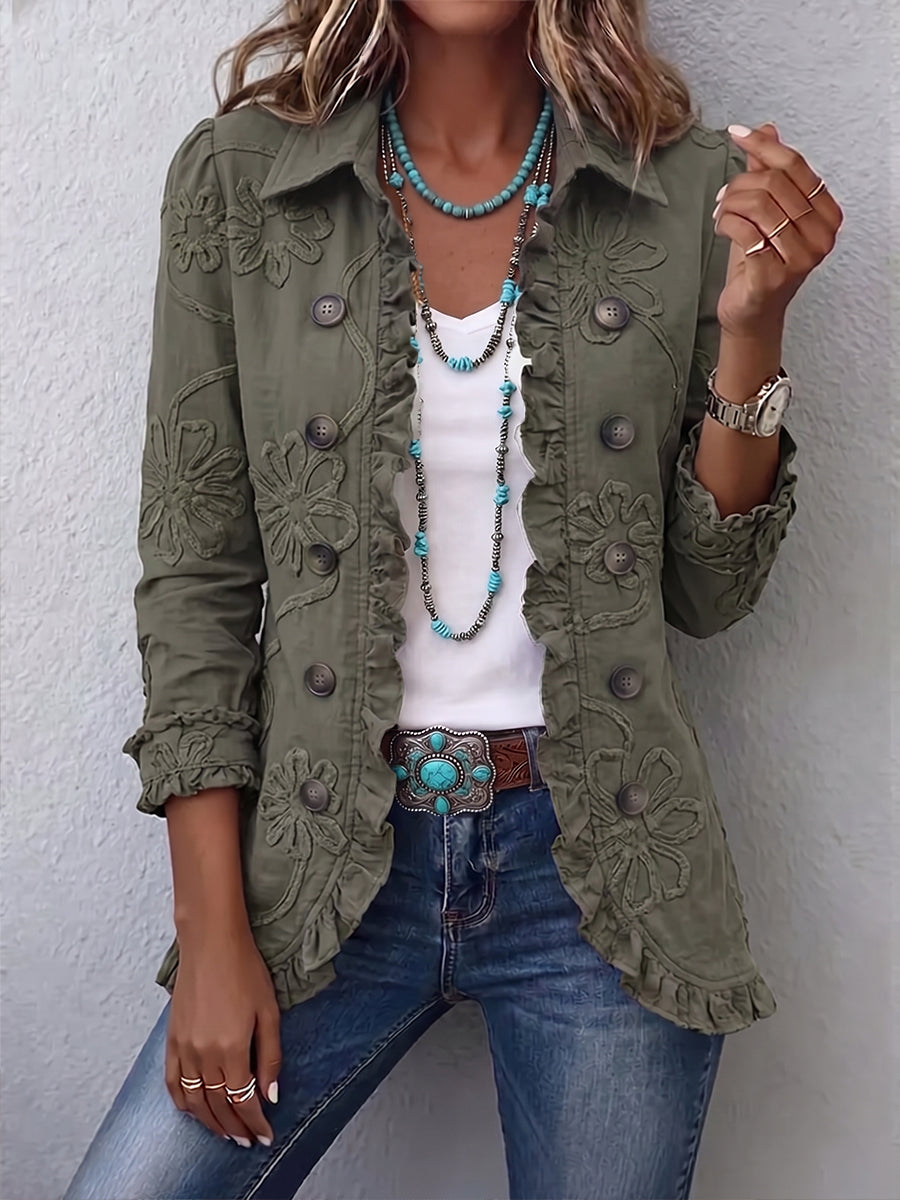 Boho-Chic Floral Utility Ruffled Trim Jacket