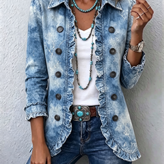 Boho-Style Gradient Vintage Botanical Print Ruffle-Detail Jacket