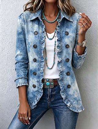 Boho-Style Gradient Vintage Botanical Print Ruffle-Detail Jacket