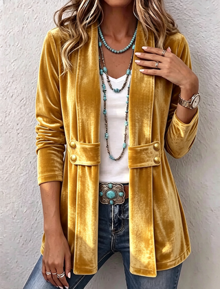 Vintage Lapel Button-Accent Long Sleeve Open Front Jacket