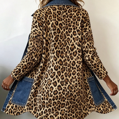 Leopard Print Denim Panel Contrast Longline Jacket