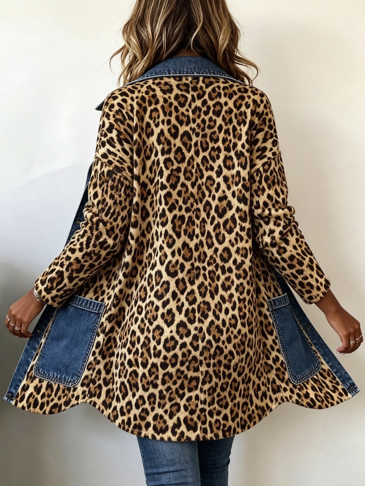 Leopard Print Denim Panel Contrast Longline Jacket