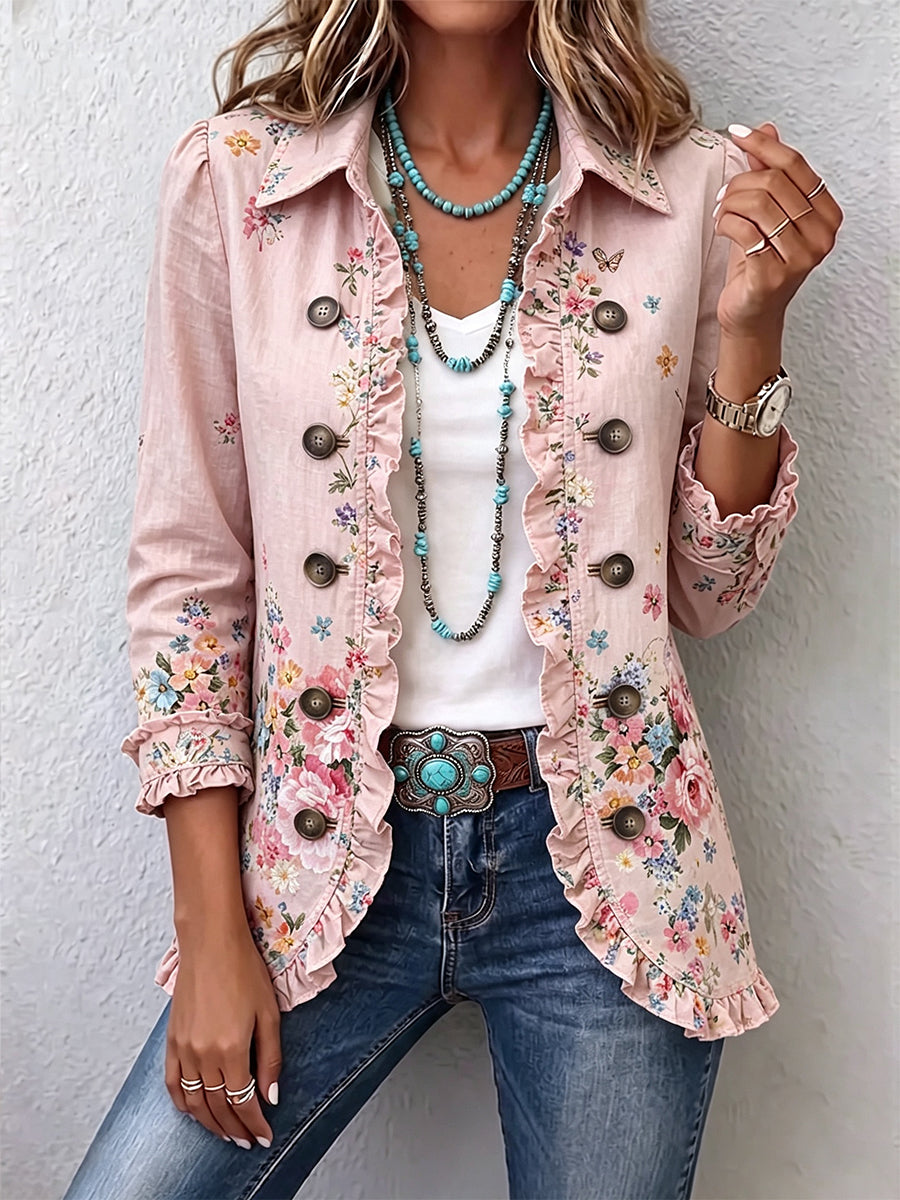 Floral Ruffle Button-Front Jacket