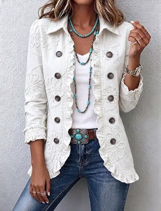 Ivory Floral Embroidered Utility Ruffled Trim Jacket