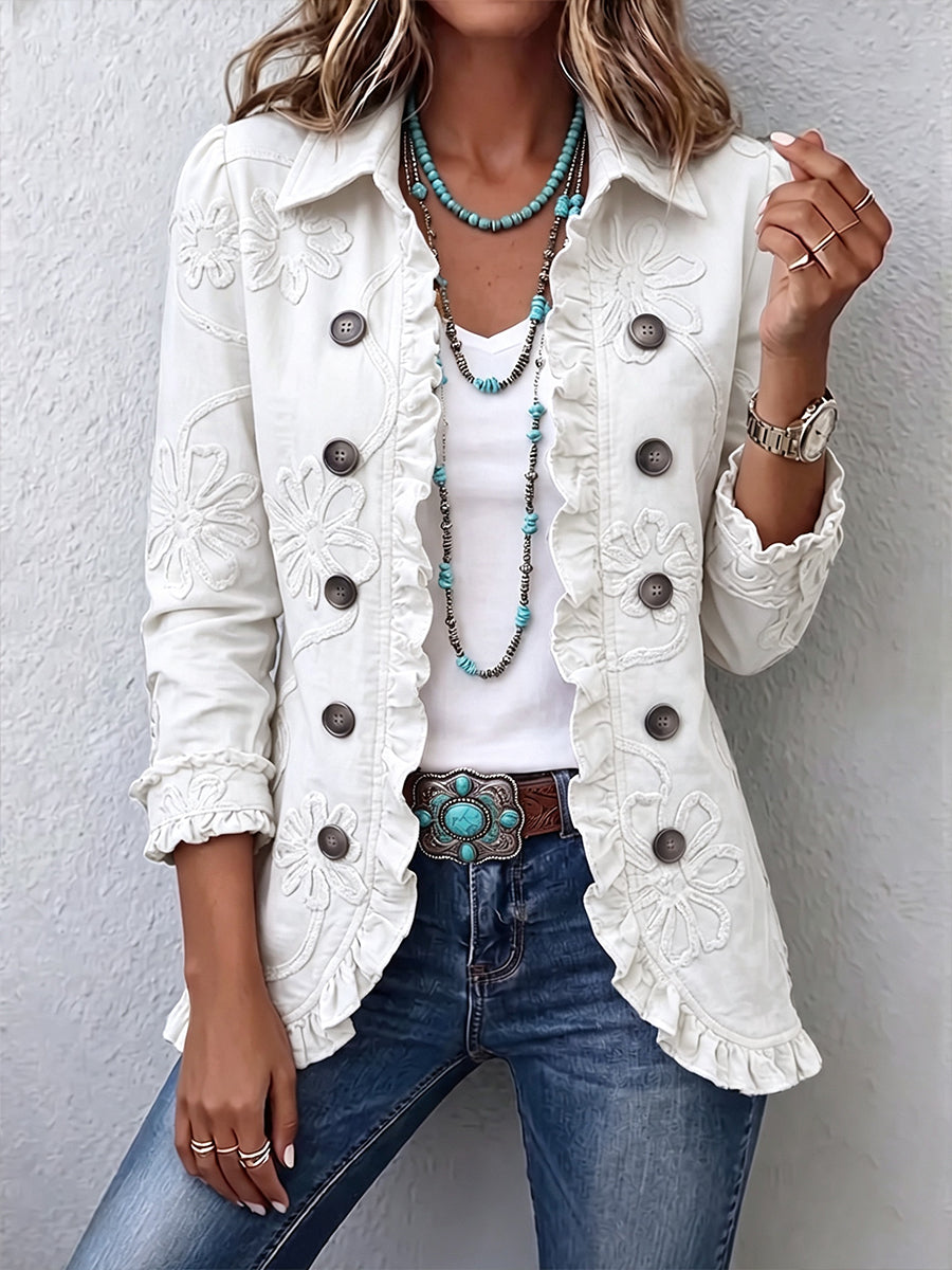 Ivory Floral Embroidered Utility Ruffled Trim Jacket