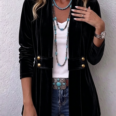 Vintage Lapel Button-Accent Long Sleeve Open Front Jacket