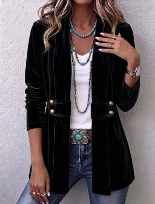 Vintage Lapel Button-Accent Long Sleeve Open Front Jacket