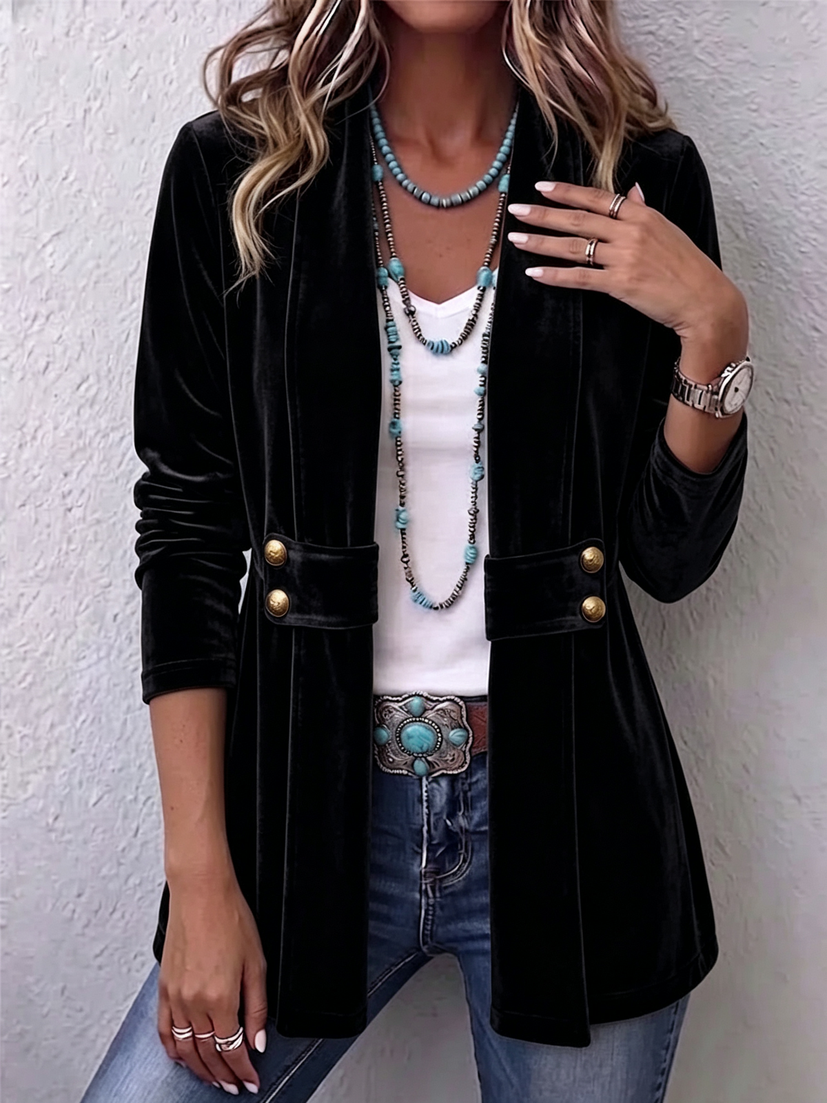 Vintage Lapel Button-Accent Long Sleeve Open Front Jacket