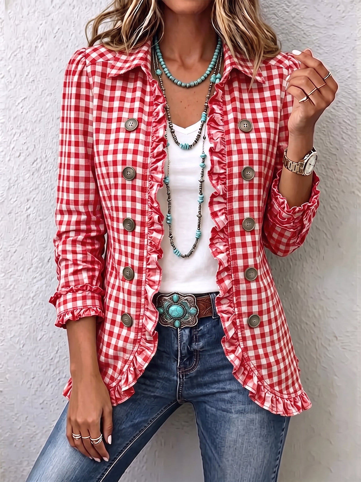 Gingham Ruffled Button-Down Jacket