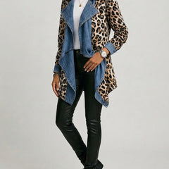 Leopard Print & Washed Denim Paneled Mid-Length Jacket