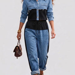Color-Block Cropped Jacket & Wide-Leg Pants Set