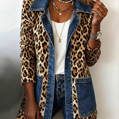 Leopard Print Denim Panel Contrast Longline Jacket