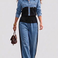 Color-Block Cropped Jacket & Wide-Leg Pants Set