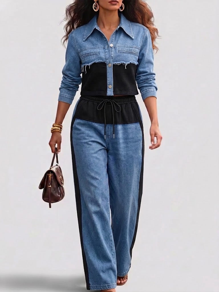 Color-Block Cropped Jacket & Wide-Leg Pants Set