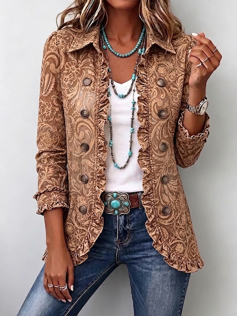 Vintage Bohemian Floral Print Ruffled Jacket