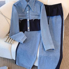 Color-Block Cropped Jacket & Wide-Leg Pants Set