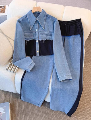 Color-Block Cropped Jacket & Wide-Leg Pants Set