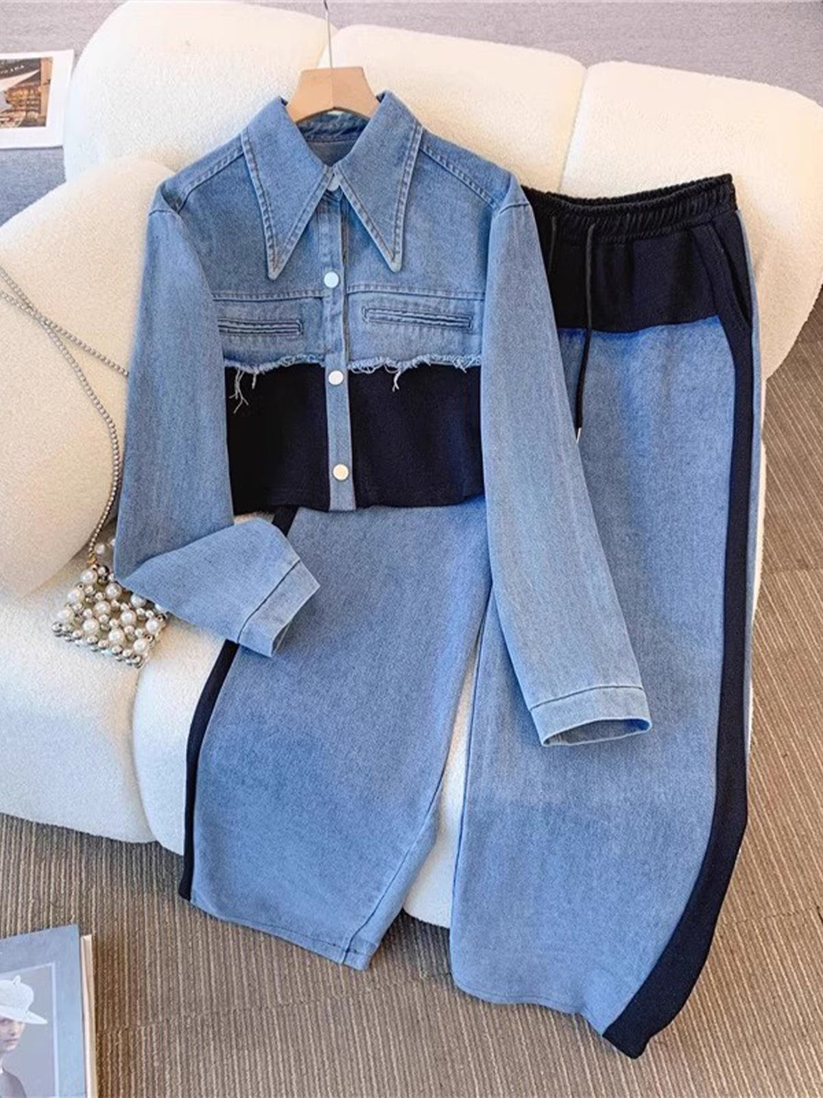 Color-Block Cropped Jacket & Wide-Leg Pants Set