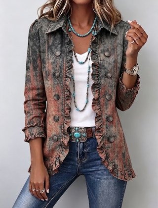 Vintage Gradient Textured Print Ruffle Jacket