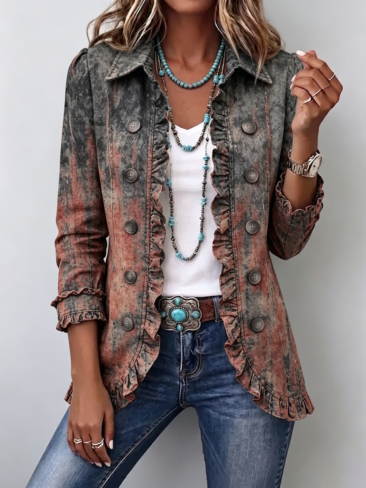 Vintage Gradient Textured Print Ruffle Jacket