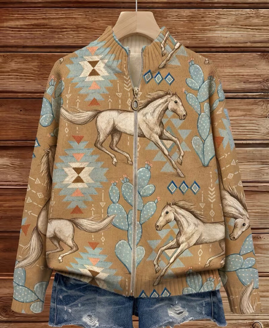 Desert Horse and Cactus Zip Cardigan