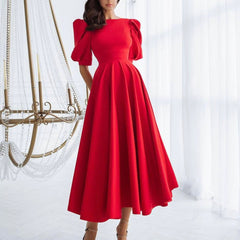 Leah | Puff-Sleeve Midi Dress with Pearl Buttons