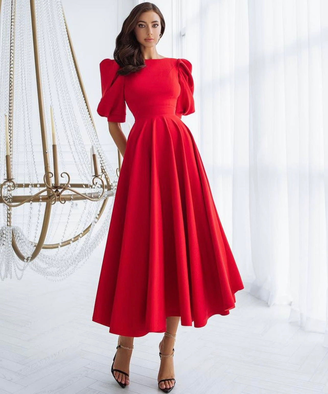 Leah | Puff-Sleeve Midi Dress with Pearl Buttons