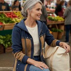 Woman wearing the navy and camel hooded jacket at a farmers market