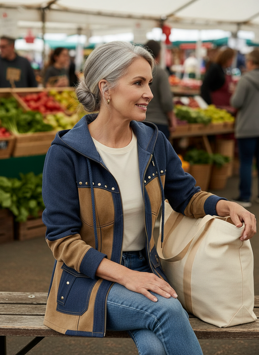 Woman wearing the navy and camel hooded jacket at a farmers market