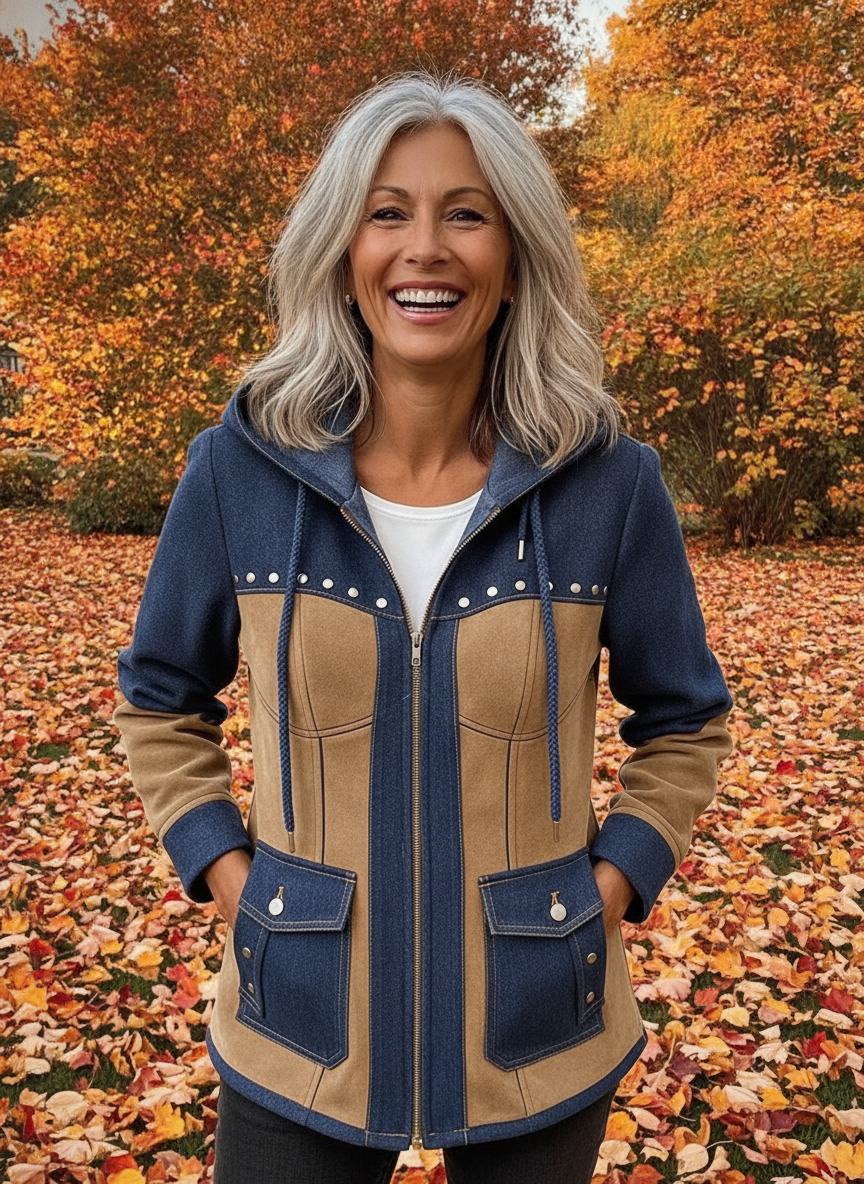 Woman laughing in the navy and camel hooded jacket in an autumn garden