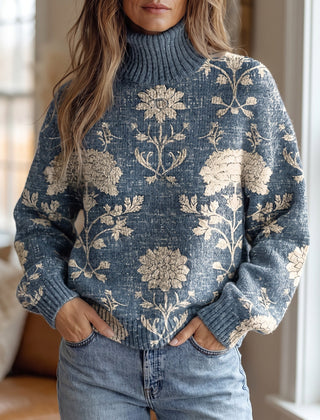 Indigo Block-Print Turtleneck