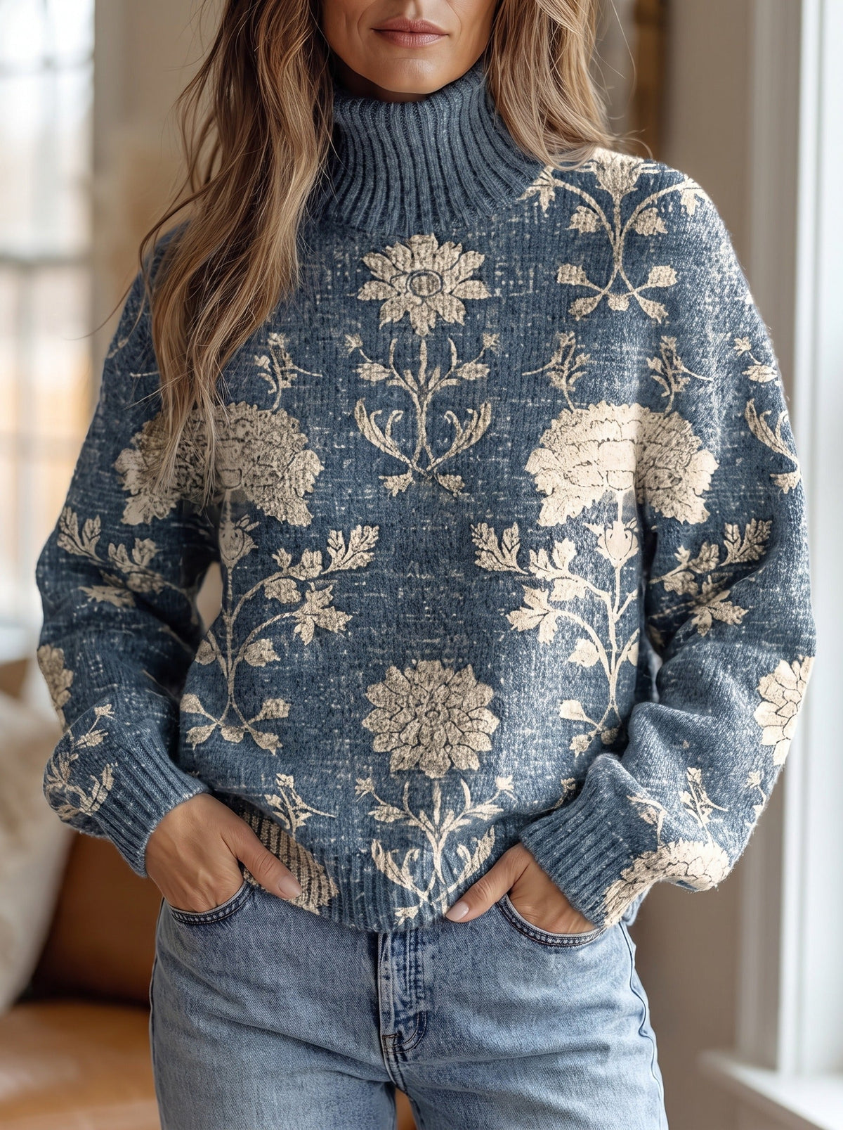 Indigo Block-Print Turtleneck