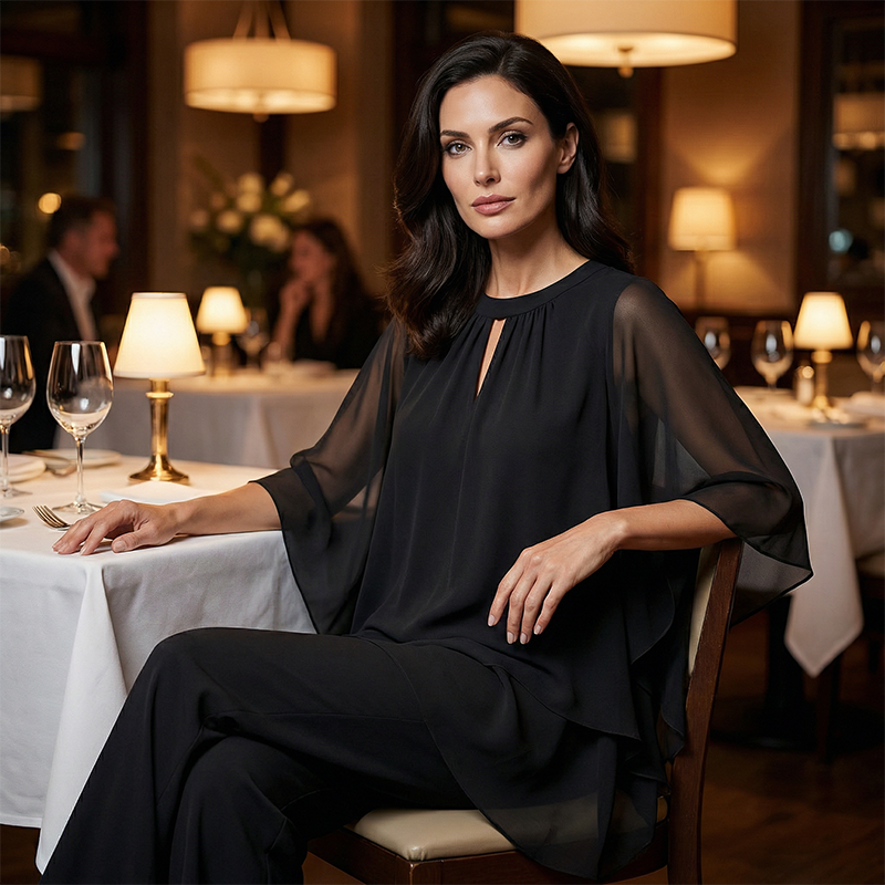 Asymmetric Layered Blouse and Wide-Leg Trouser Set