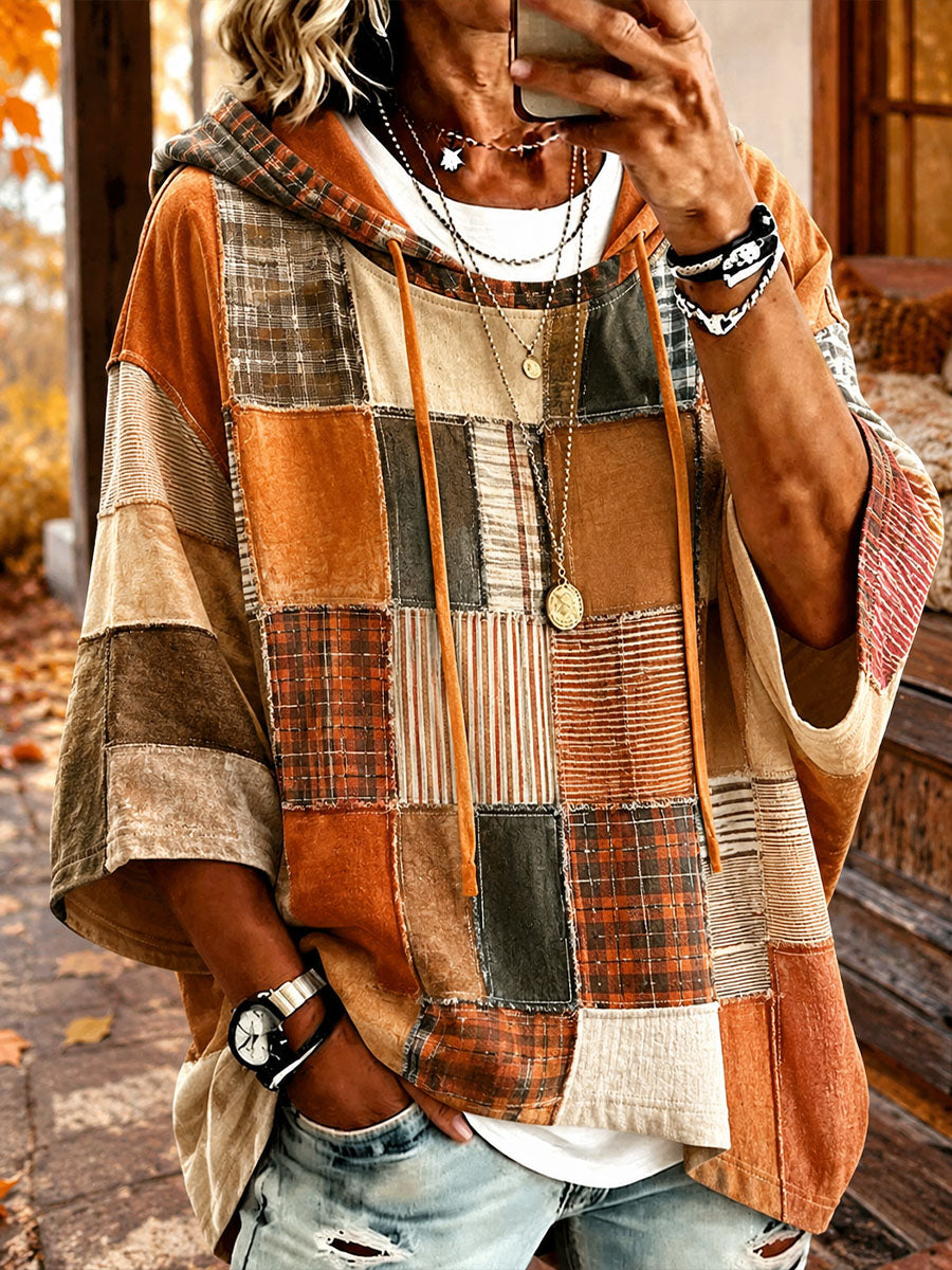 Autumn-Toned Patchwork Oversized Hoodie