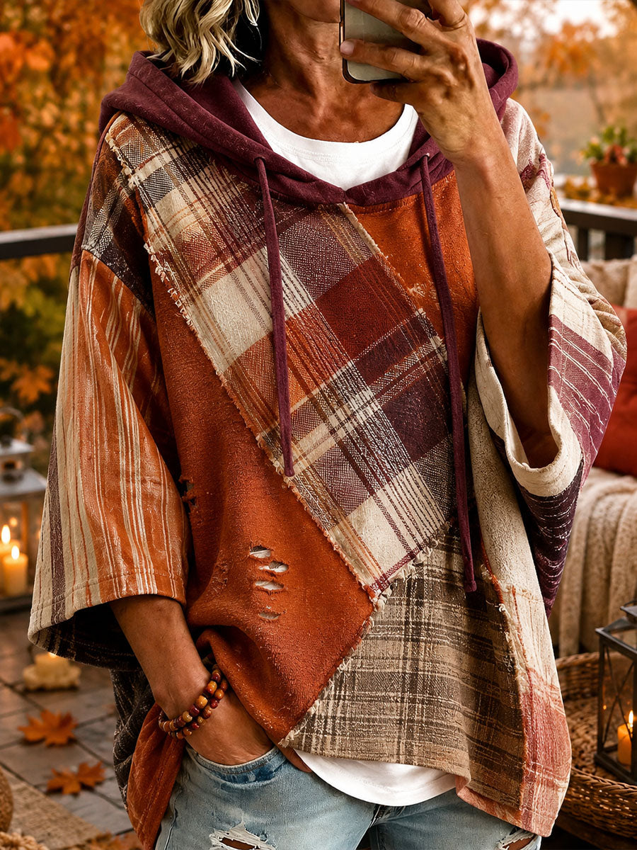 Autumn-Toned Patchwork Oversized Hoodie