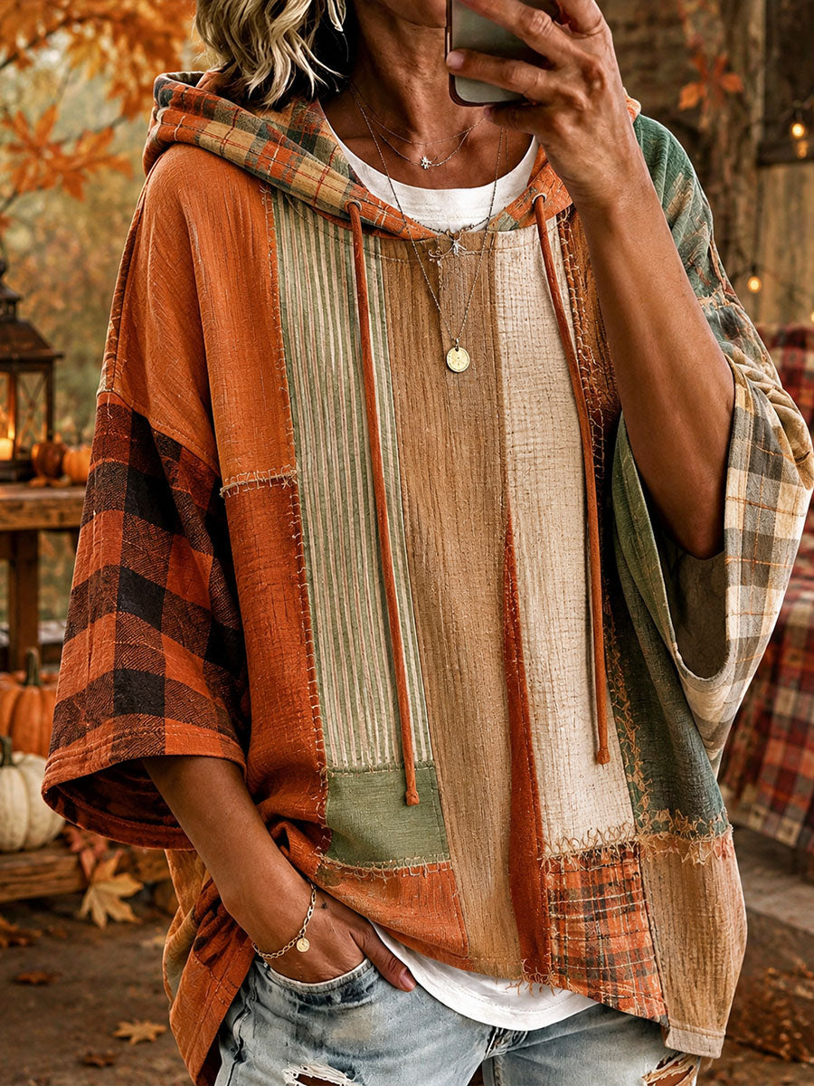 Autumn-Toned Patchwork Oversized Hoodie