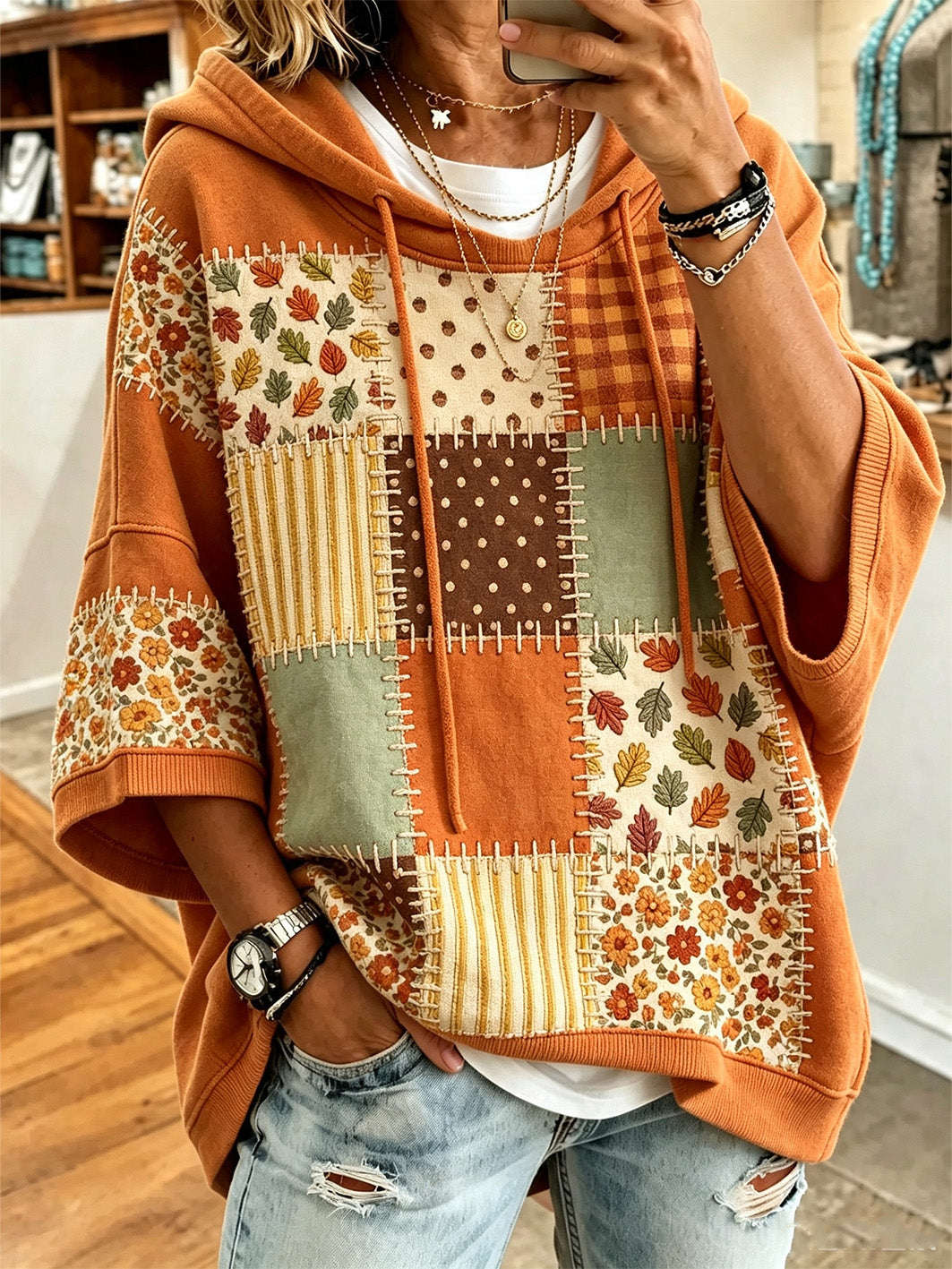 Autumn Leaf Print Oversized Hoodie