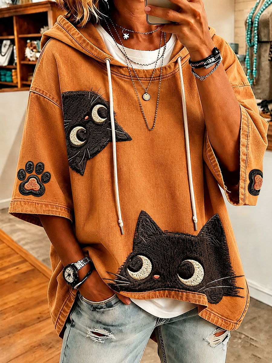Playful Cat-Print Oversized Hoodie