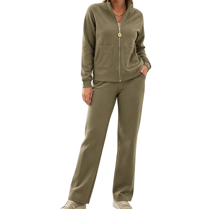 Two-Piece Heavy Knit Set: Zip Jacket and Wide-Leg Pants