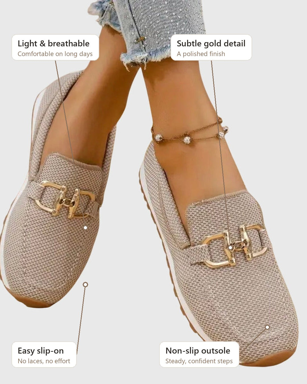 Susie: gold detail, breathable upper, non-slip outsole, slip-on