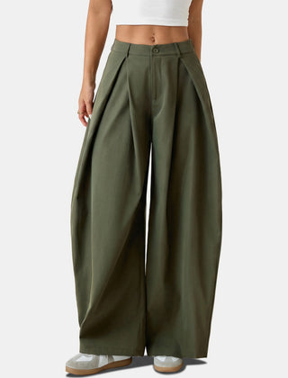 Pleated wide leg trousers in army green