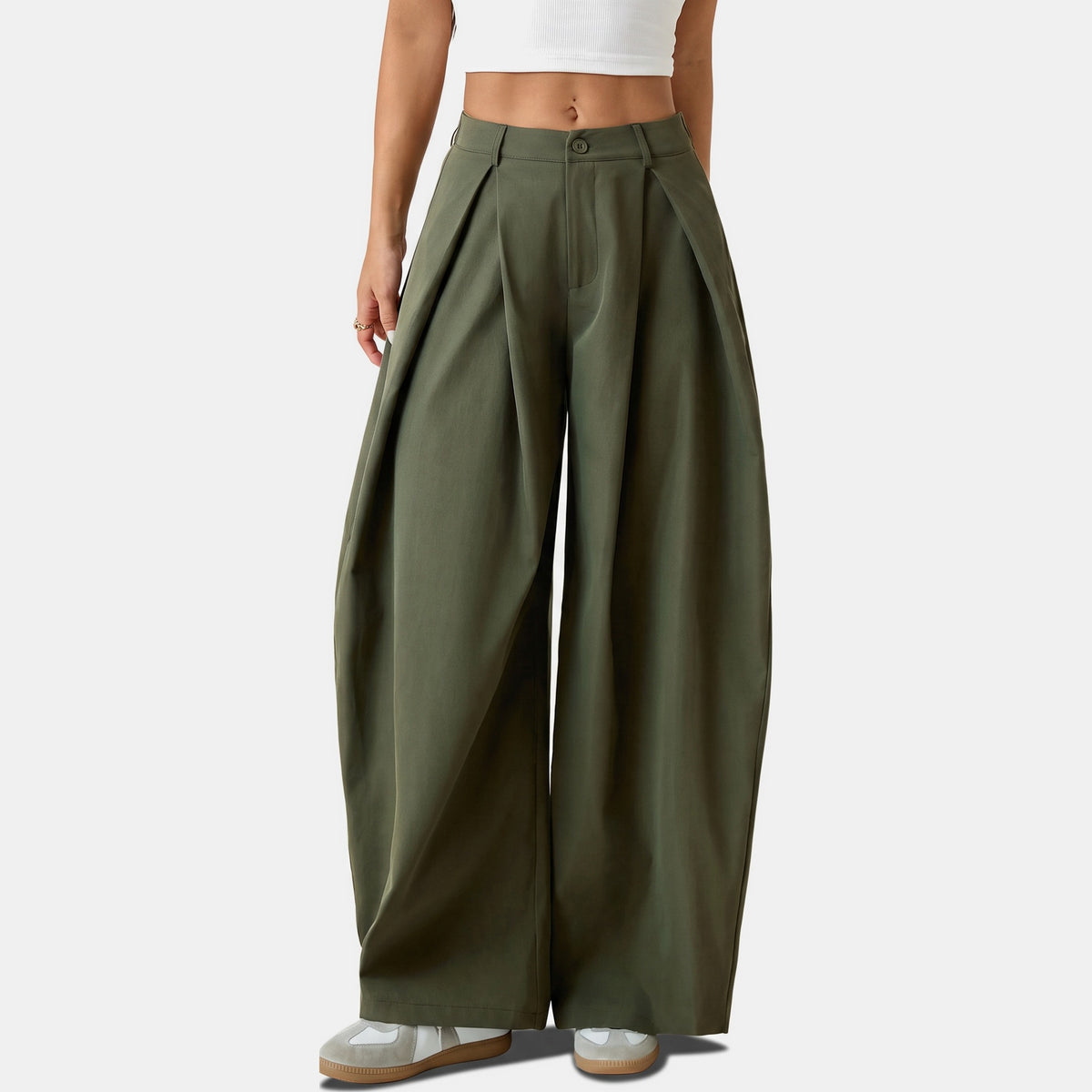 Pleated wide leg trousers in army green