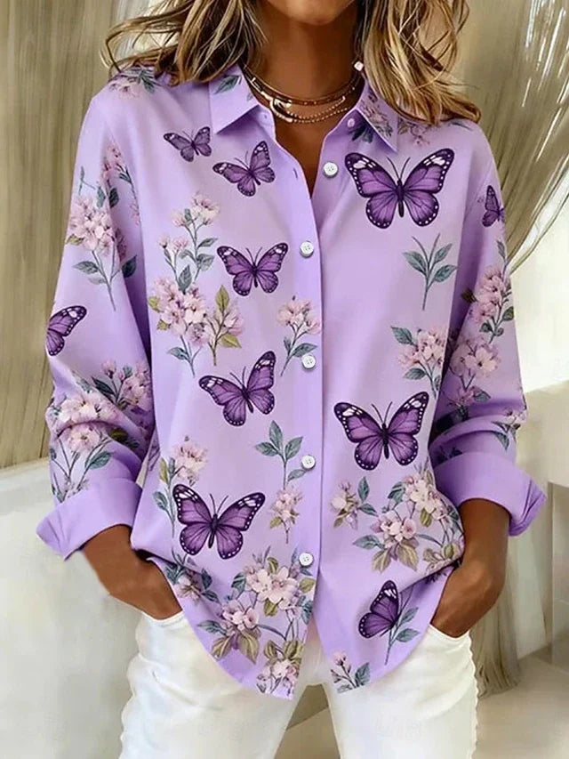 Whimsical Butterfly Print Button Blouse