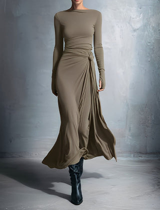 Long-Sleeve Side-Tie Draped Maxi Dress for Women