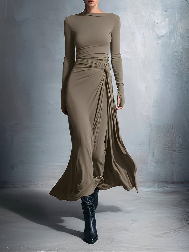 Long-Sleeve Side-Tie Draped Maxi Dress for Women