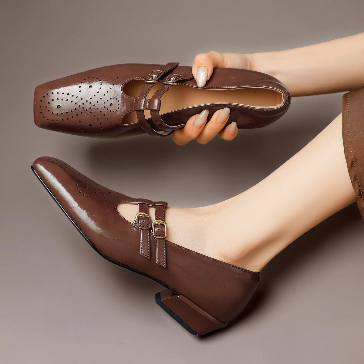 Brogued Dual-Strap Mary Jane Pump