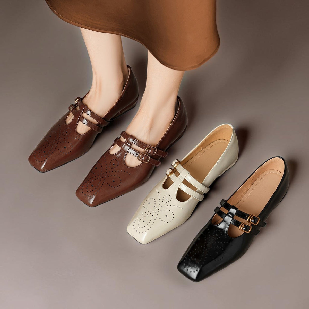 Brogued Dual-Strap Mary Jane Pump