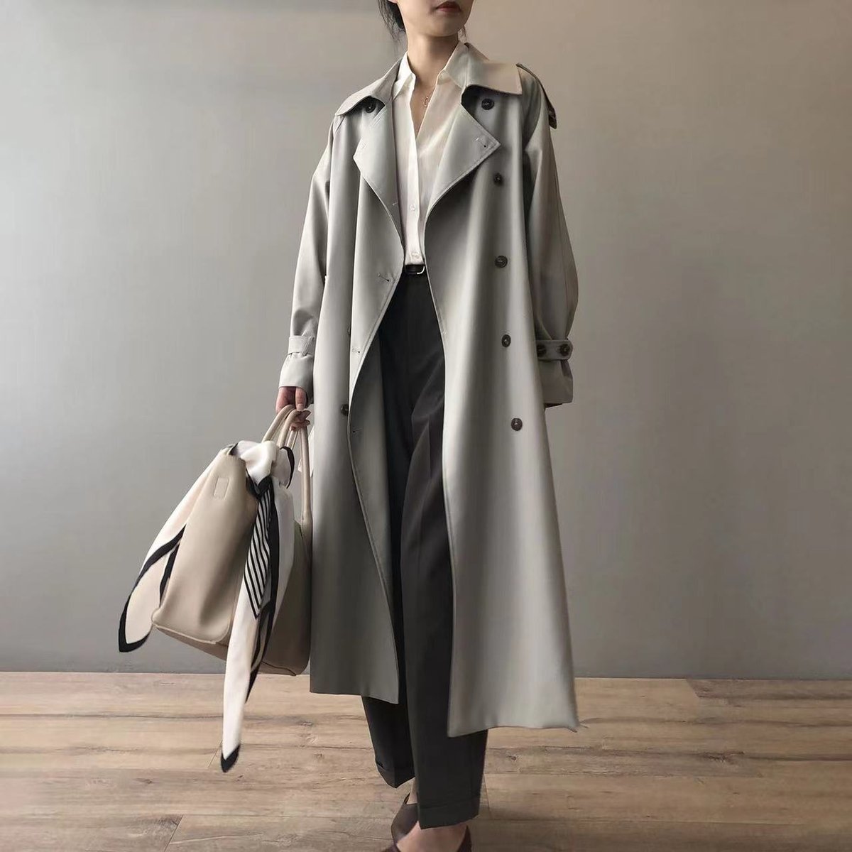 Double-Breasted Belted Long Trench Coat