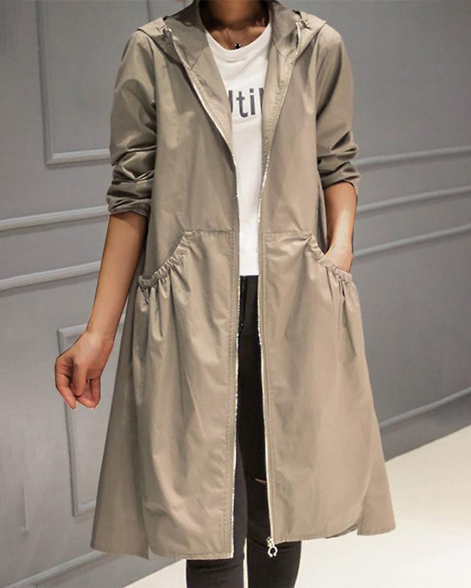 Hooded Zip-Up Long Trench Coat